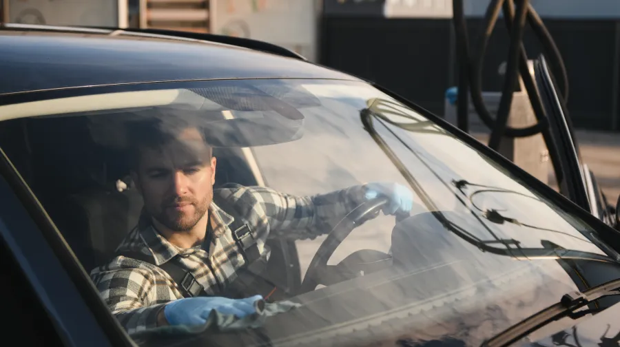auto glass repair services waupaca wi Car detailing and car wash concept. Young man, car wash worker, wearing protective rubber gloves, cleaning interior of the car